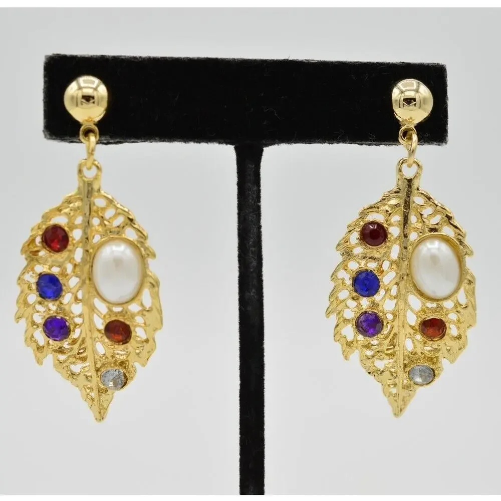 Vintage Crystal Leaf Earrings Dangle Gold Faux Pearl Multi-Color NOS 1980s W6